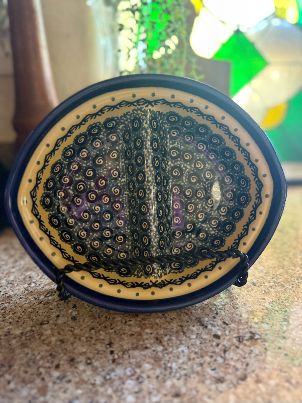 Handmade Polish Pottery Divided Serving Dish – Blue Spiral Peacock Pattern
